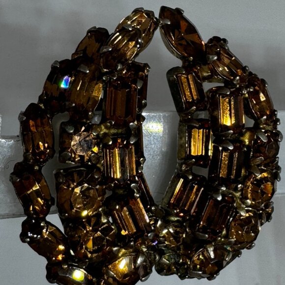 Vintage Earrings Signed "SHERMAN" Crescent Shape Round Baguette Crystals - Picture 5 of 10